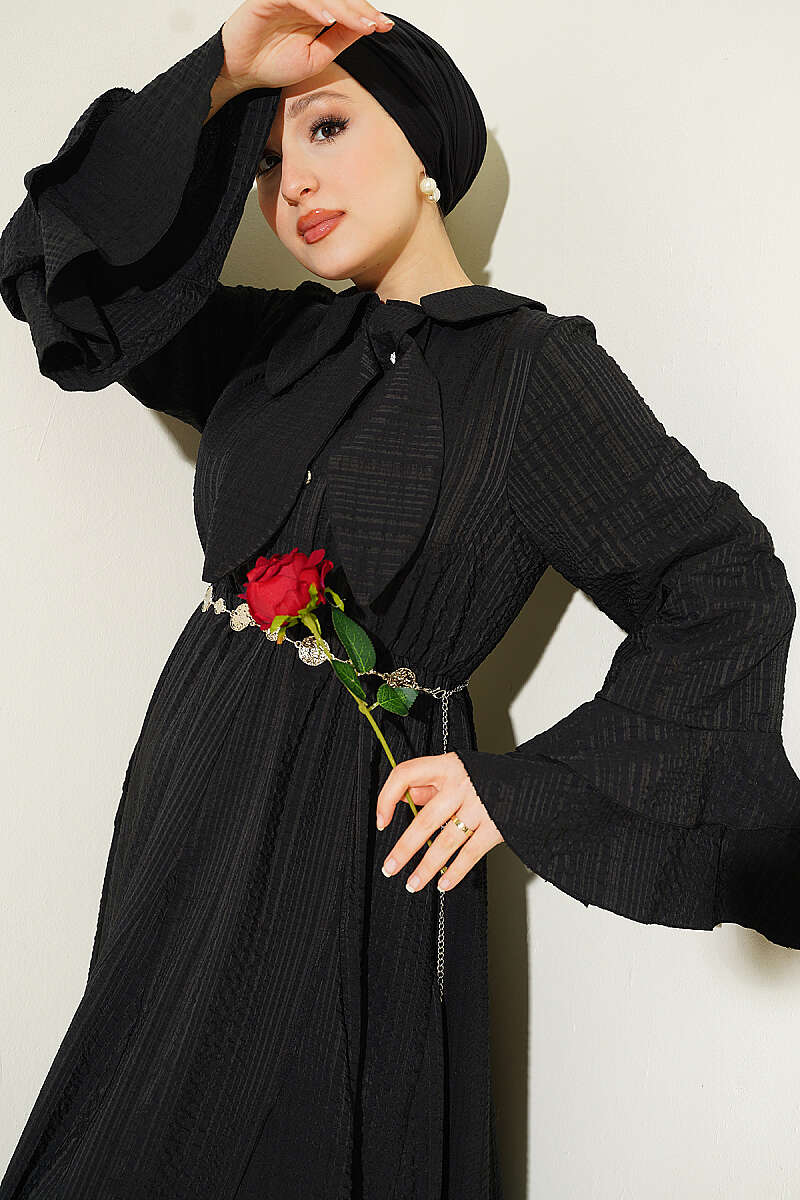 Waffle-Texture Dress with Chain Belt and Ruffled Cuffs - Black