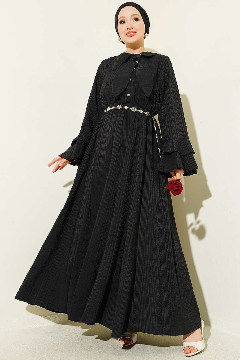 Waffle-Texture Dress with Chain Belt and Ruffled Cuffs - Black