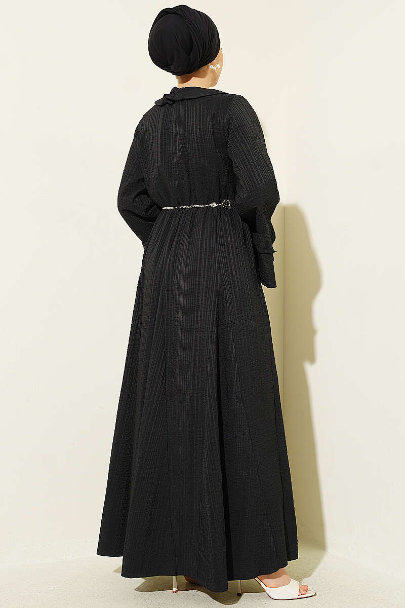 Waffle-Texture Dress with Chain Belt and Ruffled Cuffs - Black