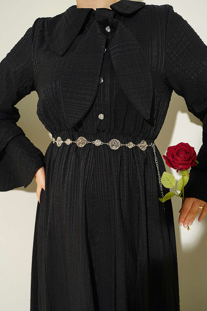 Waffle-Texture Dress with Chain Belt and Ruffled Cuffs - Black