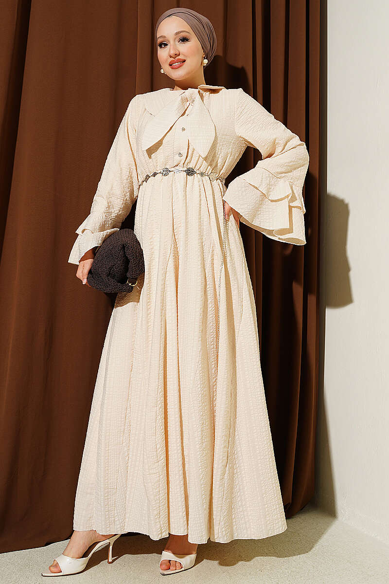 Waffle-Texture Dress with Chain Belt and Ruffled Cuffs - Stone