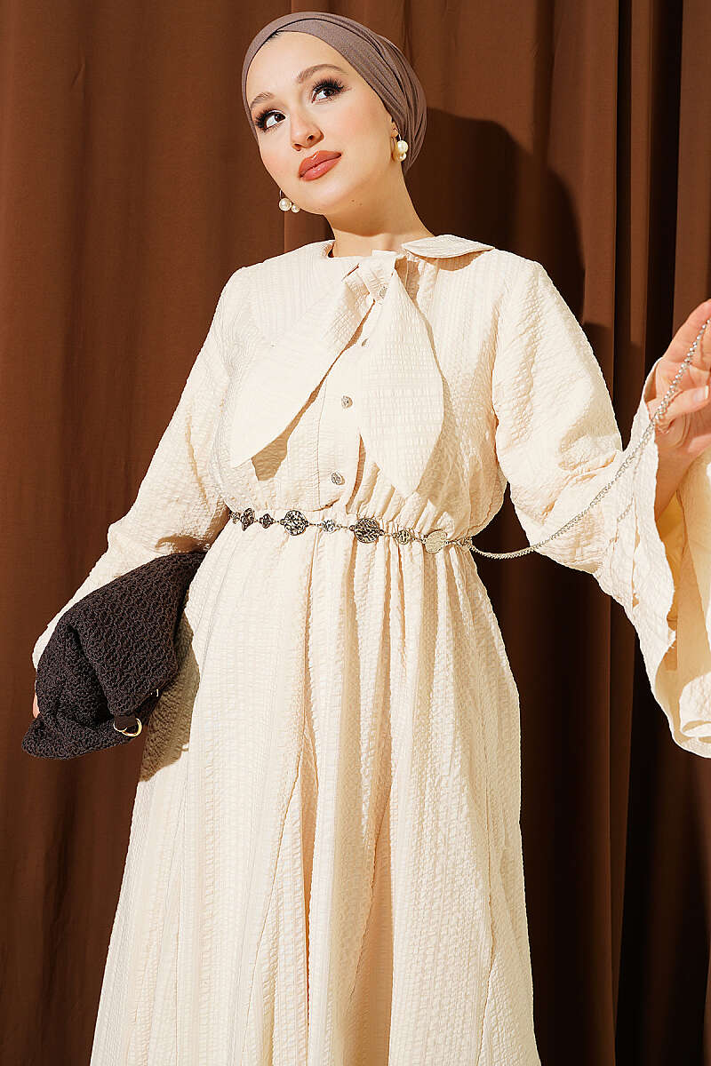 Waffle-Texture Dress with Chain Belt and Ruffled Cuffs - Stone