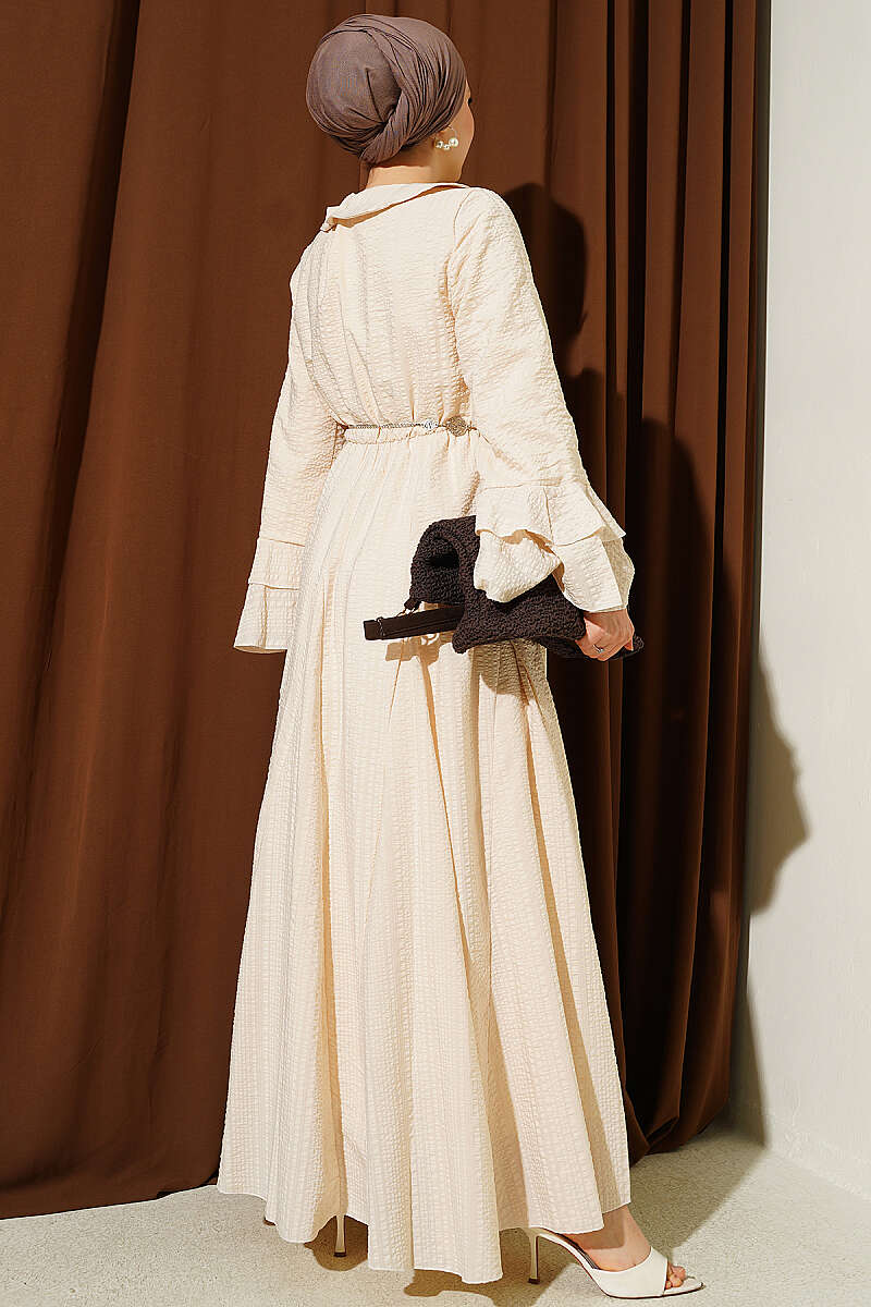 Waffle-Texture Dress with Chain Belt and Ruffled Cuffs - Stone