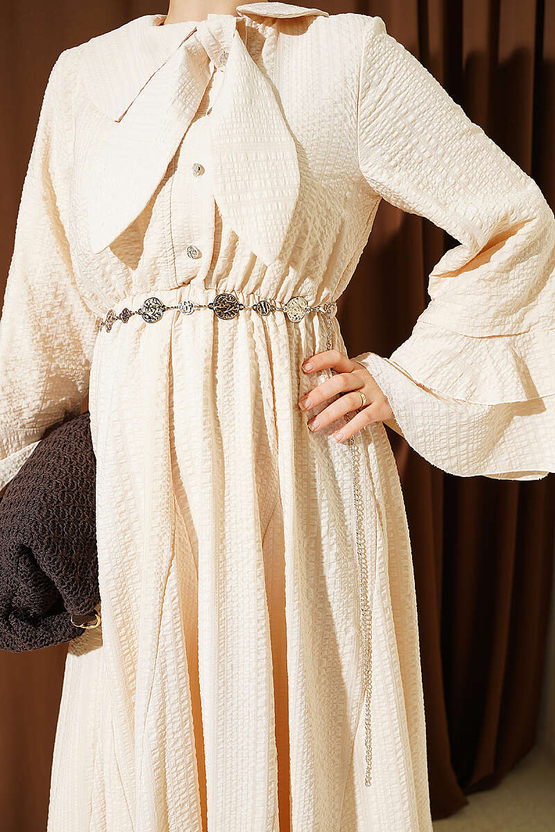 Waffle-Texture Dress with Chain Belt and Ruffled Cuffs - Stone