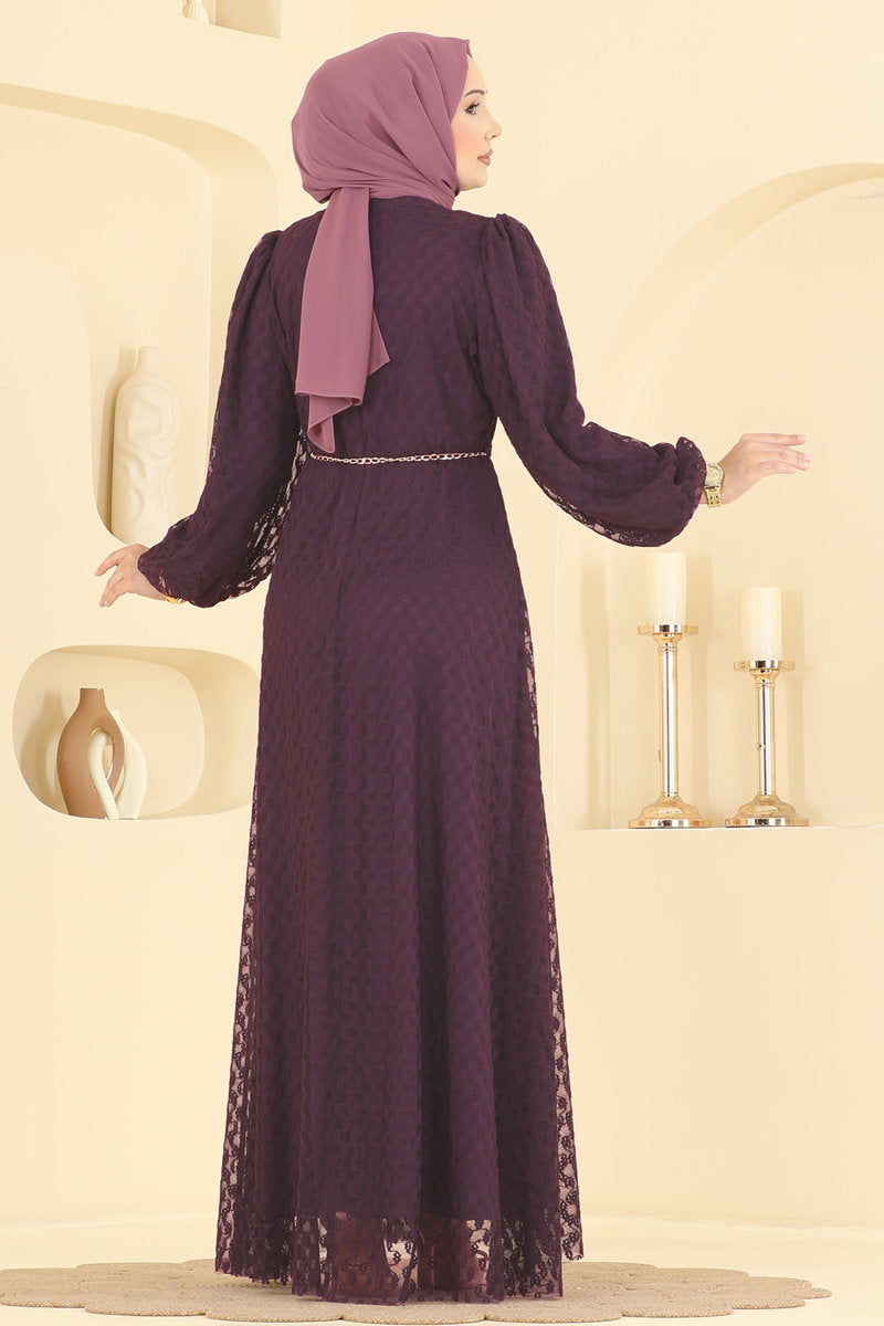 Foil-Print Tulle Evening Dress with Chain Belt - Light Plum