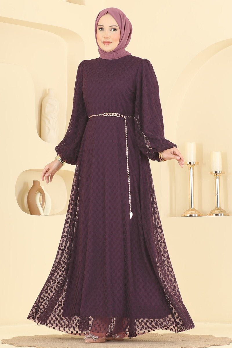 Foil-Print Tulle Evening Dress with Chain Belt - Light Plum