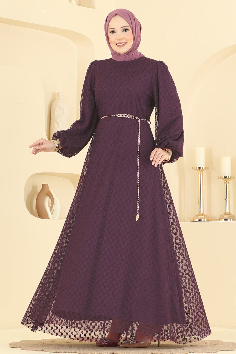 Foil-Print Tulle Evening Dress with Chain Belt - Light Plum