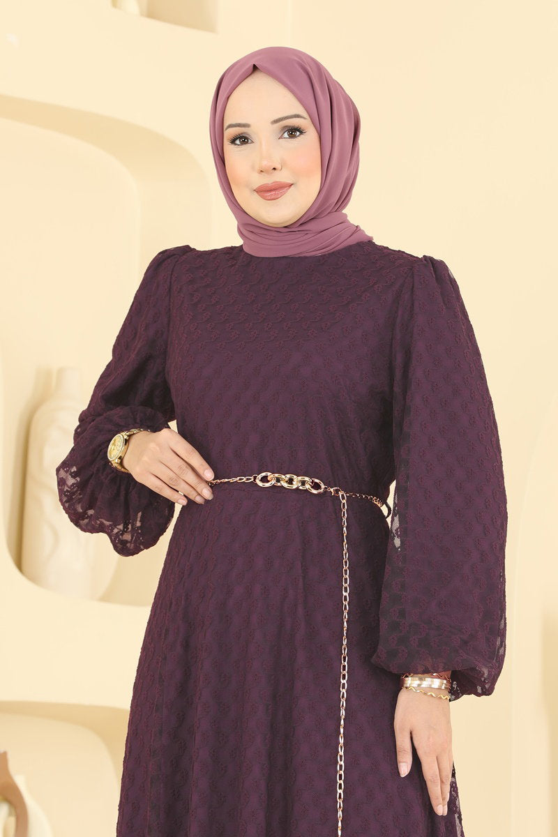 Foil-Print Tulle Evening Dress with Chain Belt - Light Plum