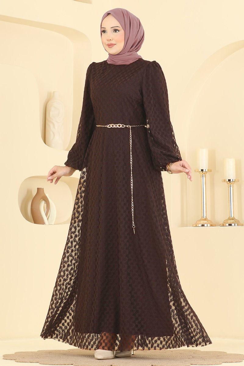 Foil-Print Tulle Evening Dress with Chain Belt - Brown