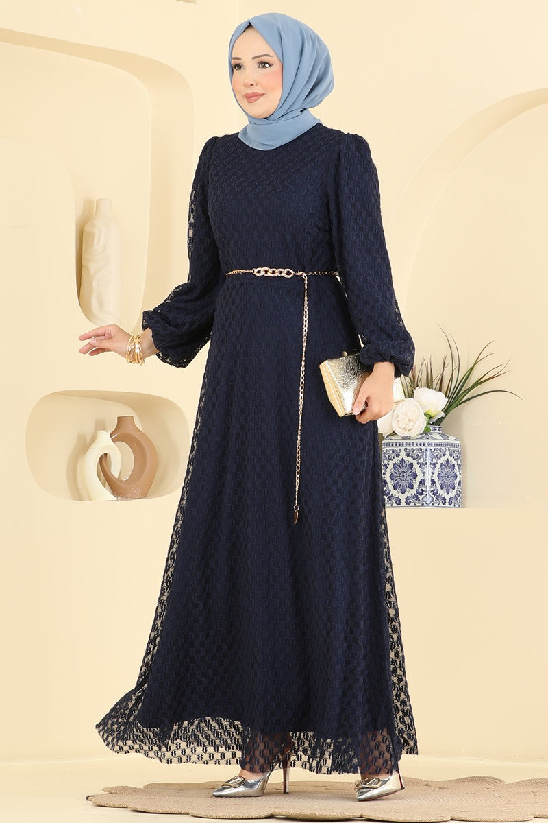 Foil-Print Tulle Evening Dress with Chain Belt - Navy