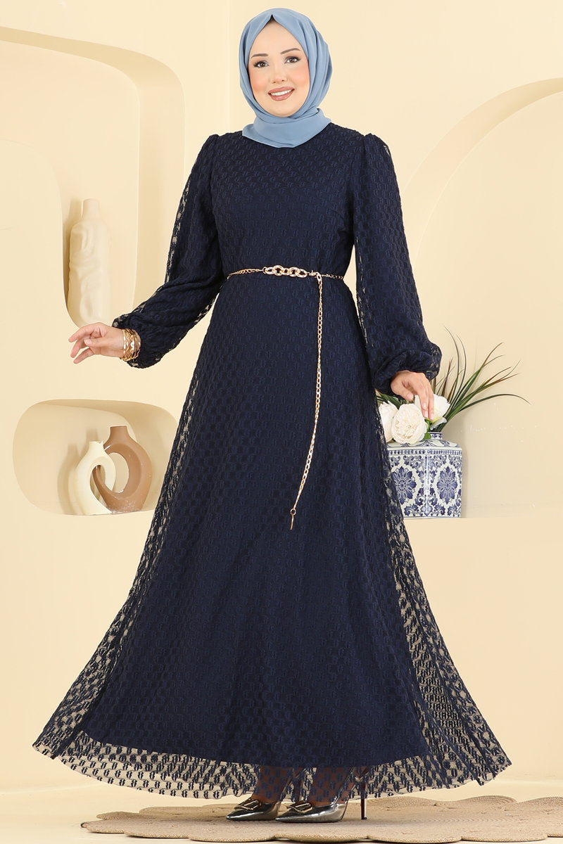 Foil-Print Tulle Evening Dress with Chain Belt - Navy