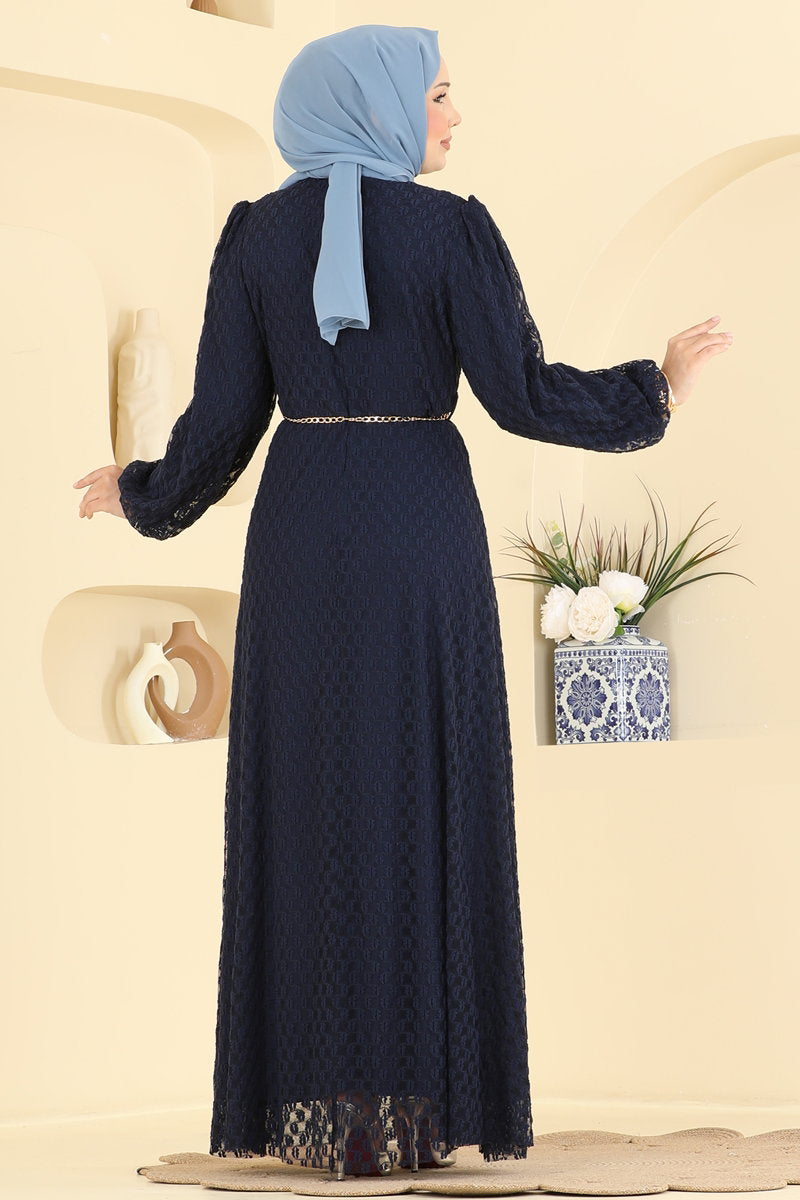 Foil-Print Tulle Evening Dress with Chain Belt - Navy