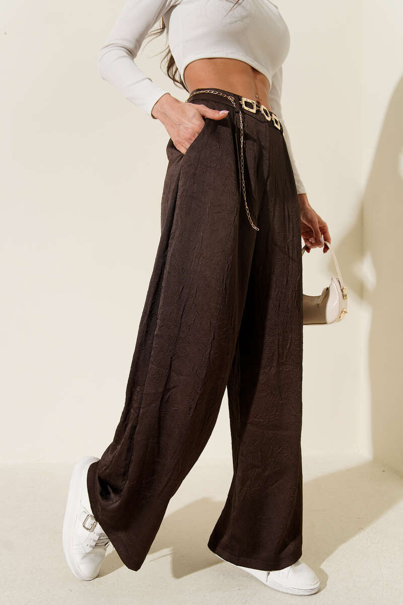 Crinkled Satin Pants with Chain Belt - Brown
