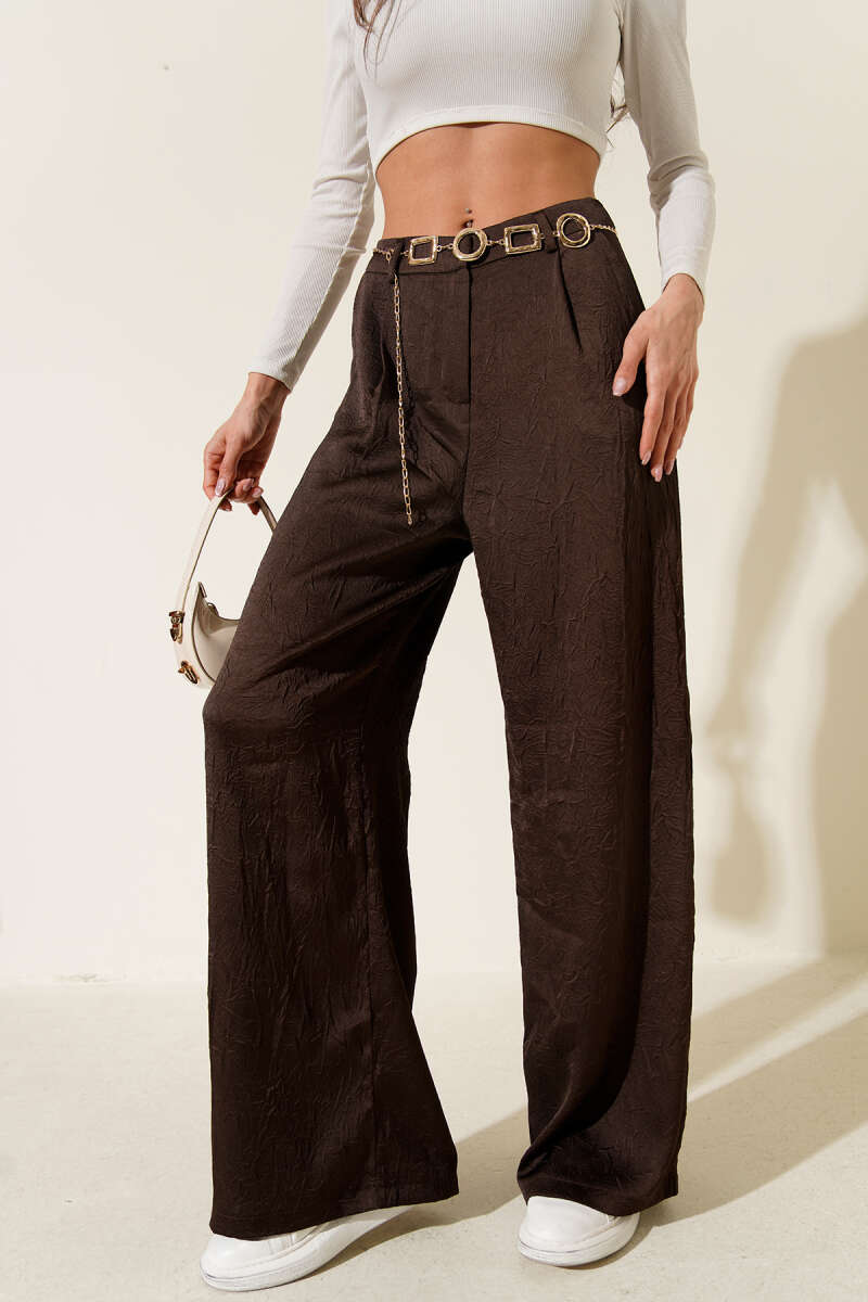 Crinkled Satin Pants with Chain Belt - Brown