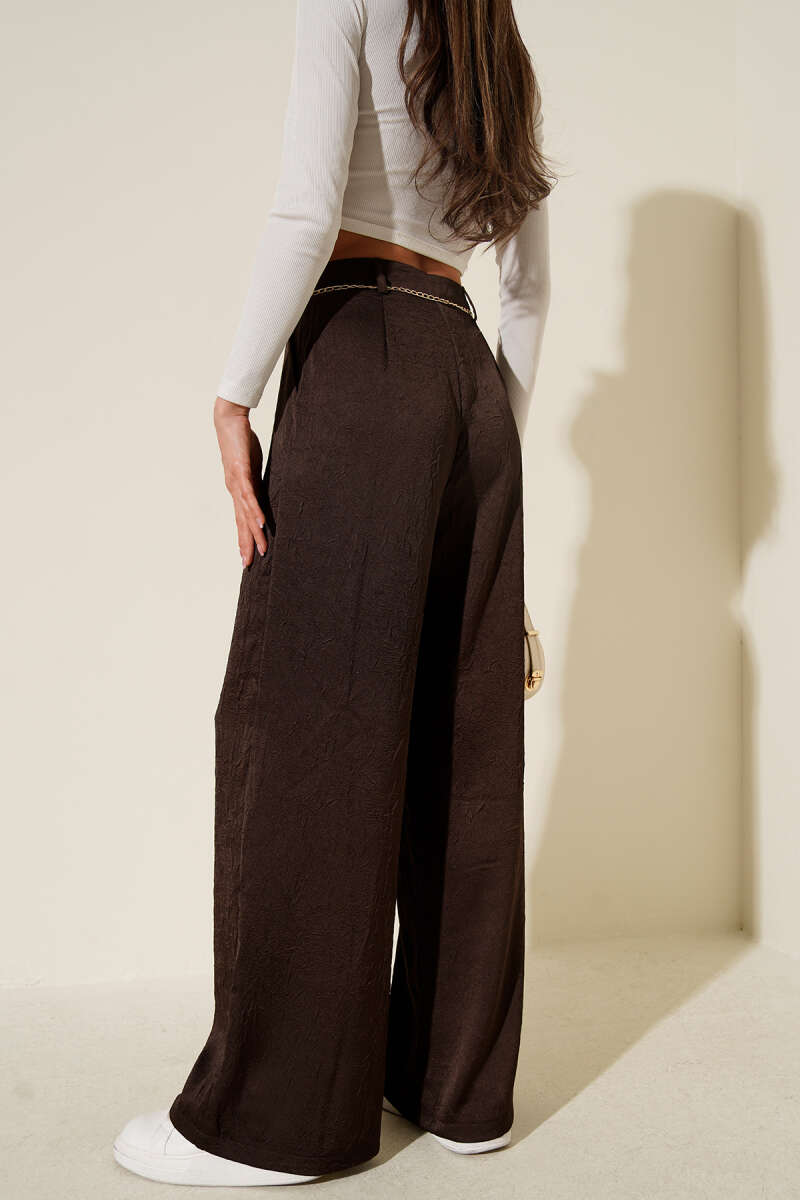 Crinkled Satin Pants with Chain Belt - Brown