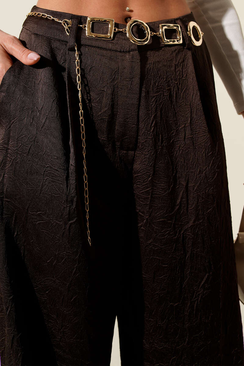 Crinkled Satin Pants with Chain Belt - Brown