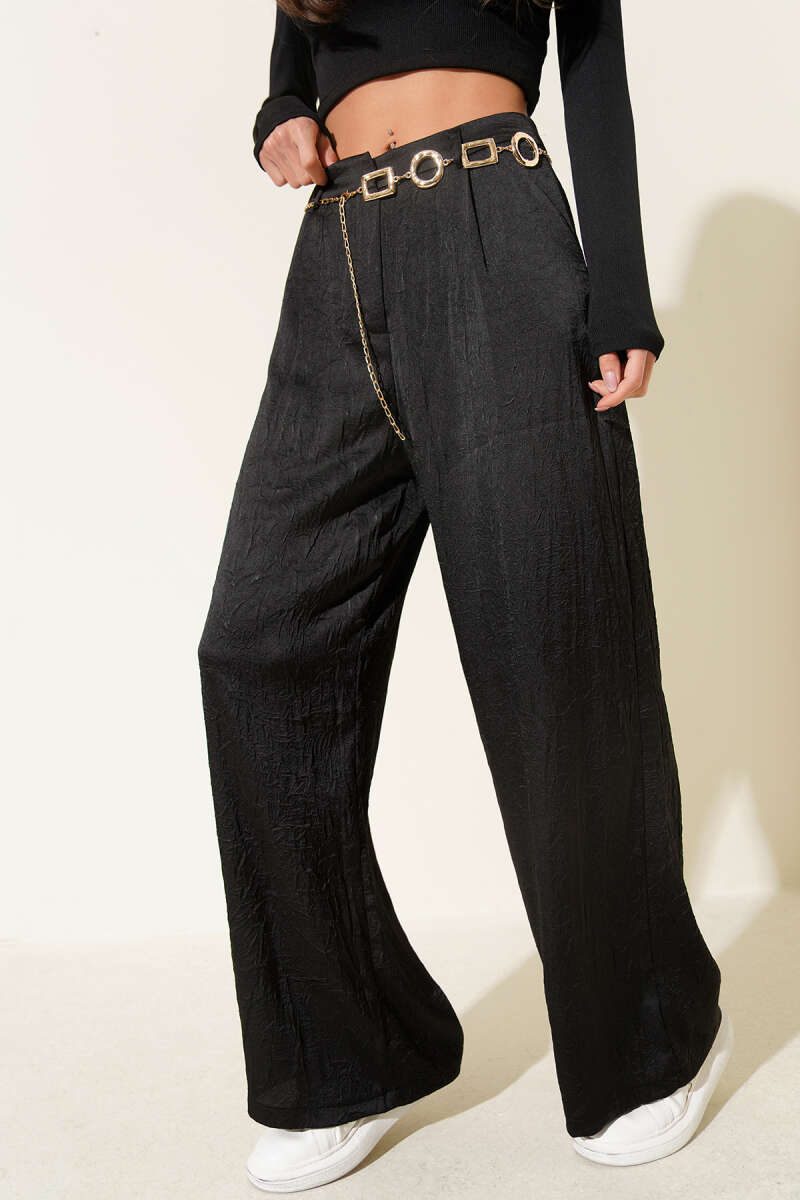 Crinkled Satin Pants with Chain Belt - Black