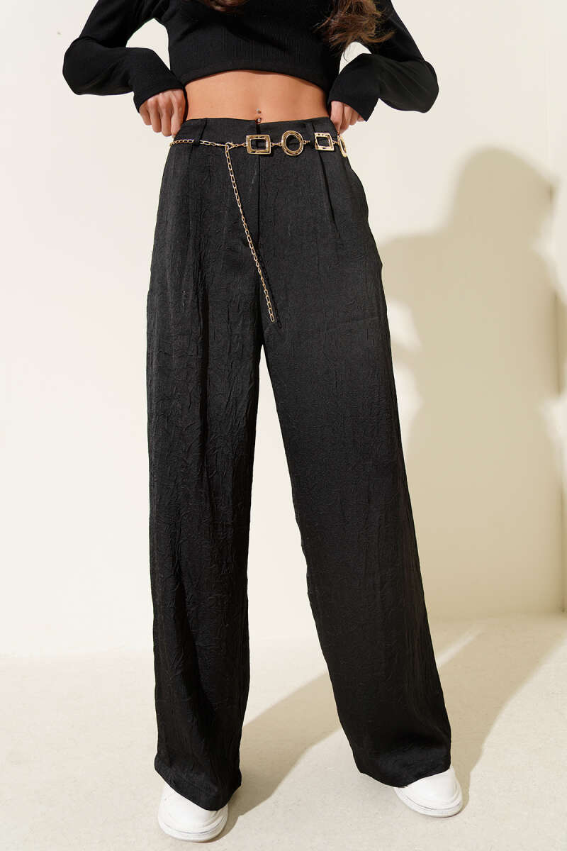 Crinkled Satin Pants with Chain Belt - Black