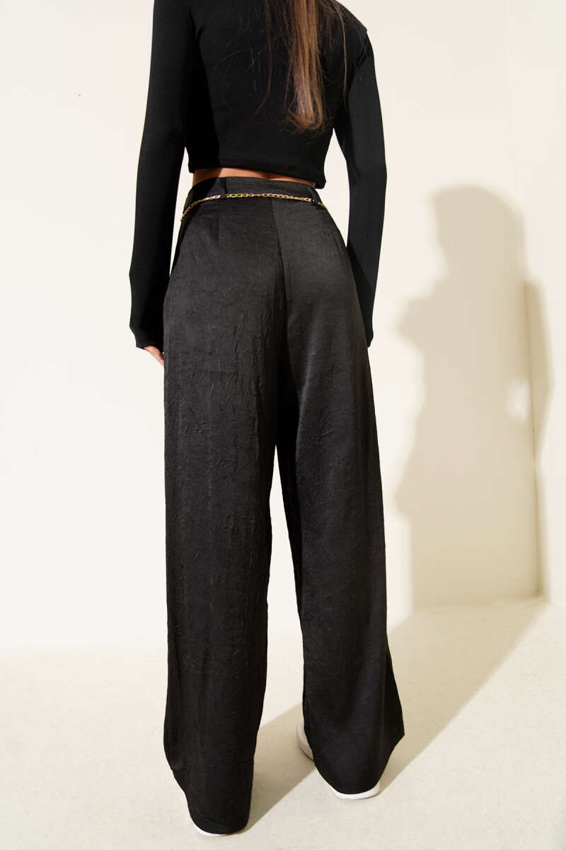 Crinkled Satin Pants with Chain Belt - Black