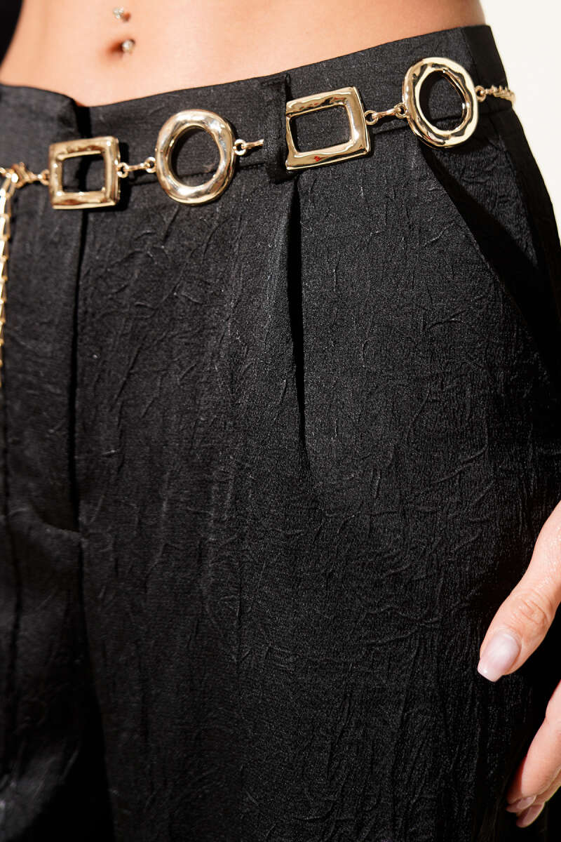 Crinkled Satin Pants with Chain Belt - Black