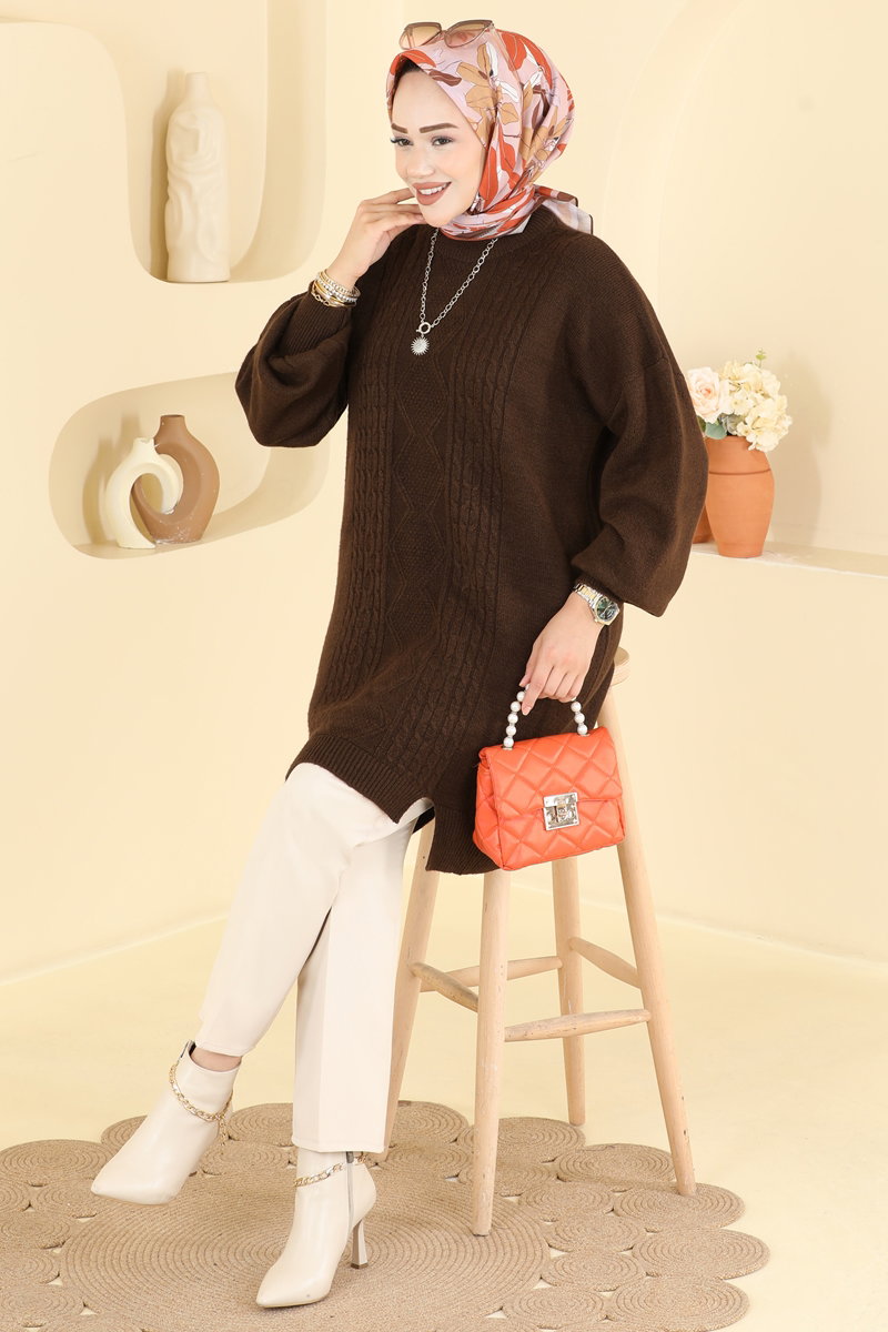 Knit Tunic with Chain-Stitch Detail - Brown
