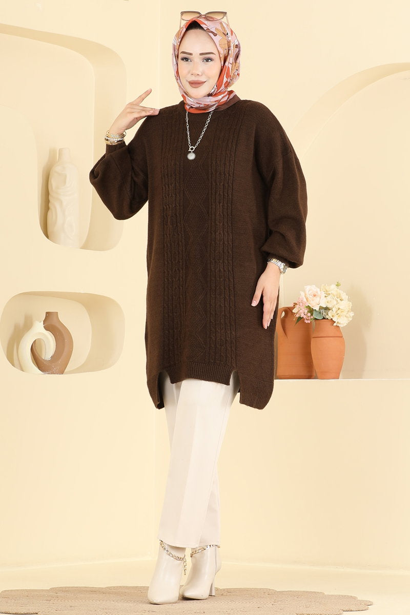 Knit Tunic with Chain-Stitch Detail - Brown