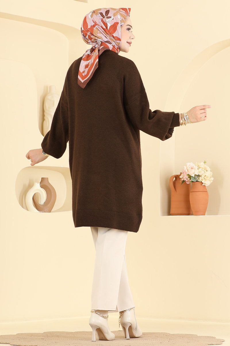 Knit Tunic with Chain-Stitch Detail - Brown