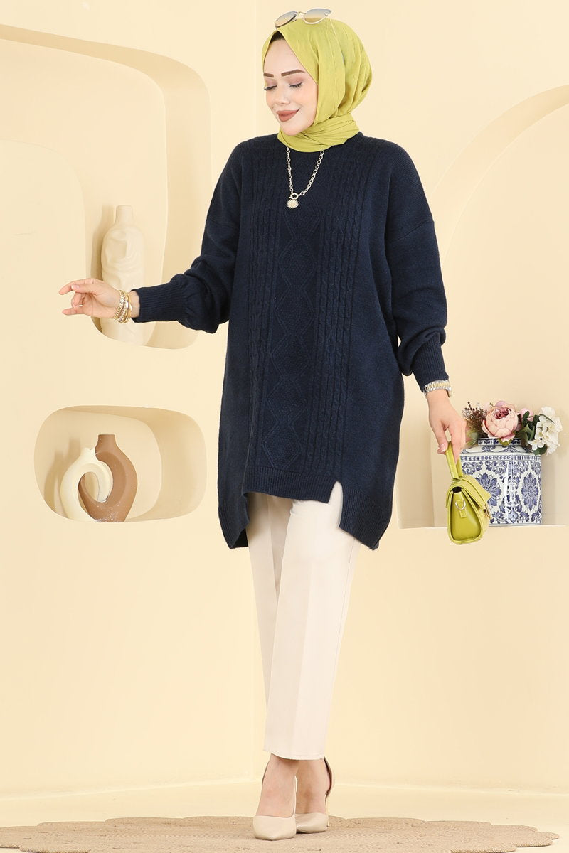 Knit Tunic with Chain-Stitch Detail - Navy