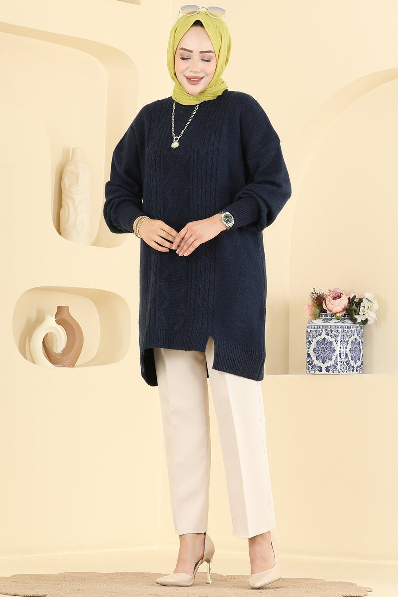 Knit Tunic with Chain-Stitch Detail - Navy