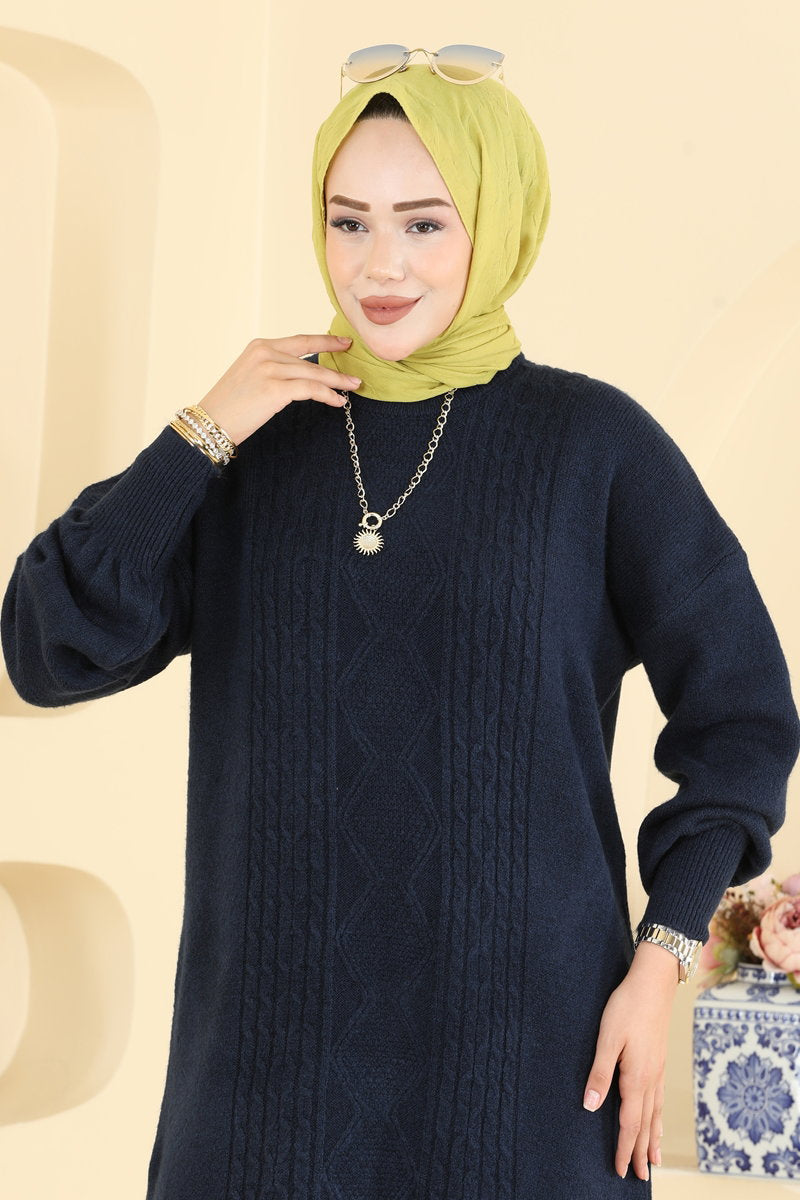 Knit Tunic with Chain-Stitch Detail - Navy