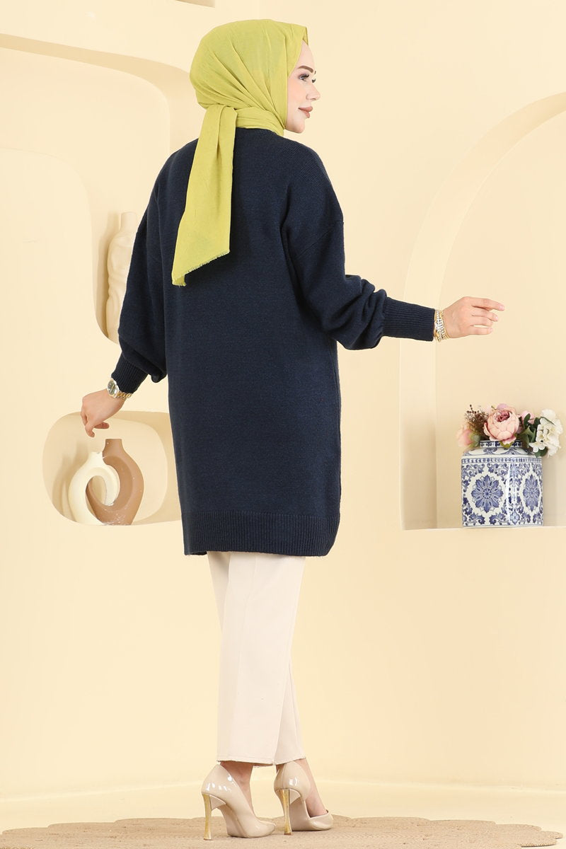 Knit Tunic with Chain-Stitch Detail - Navy