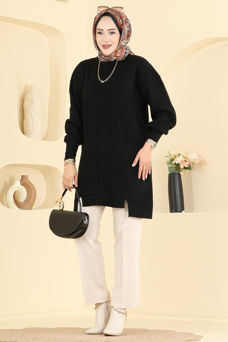 Knit Tunic with Chain-Stitch Detail - Black