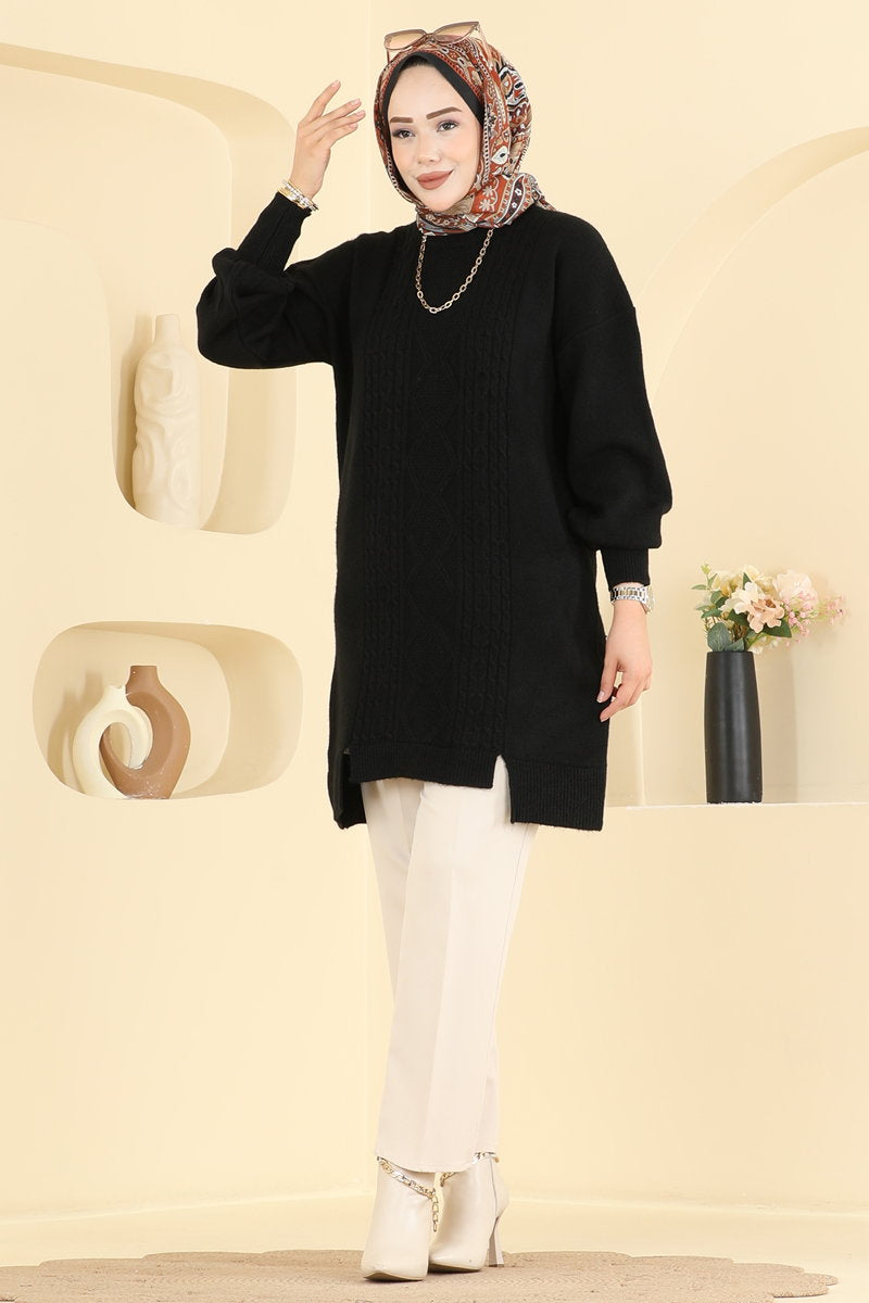 Knit Tunic with Chain-Stitch Detail - Black