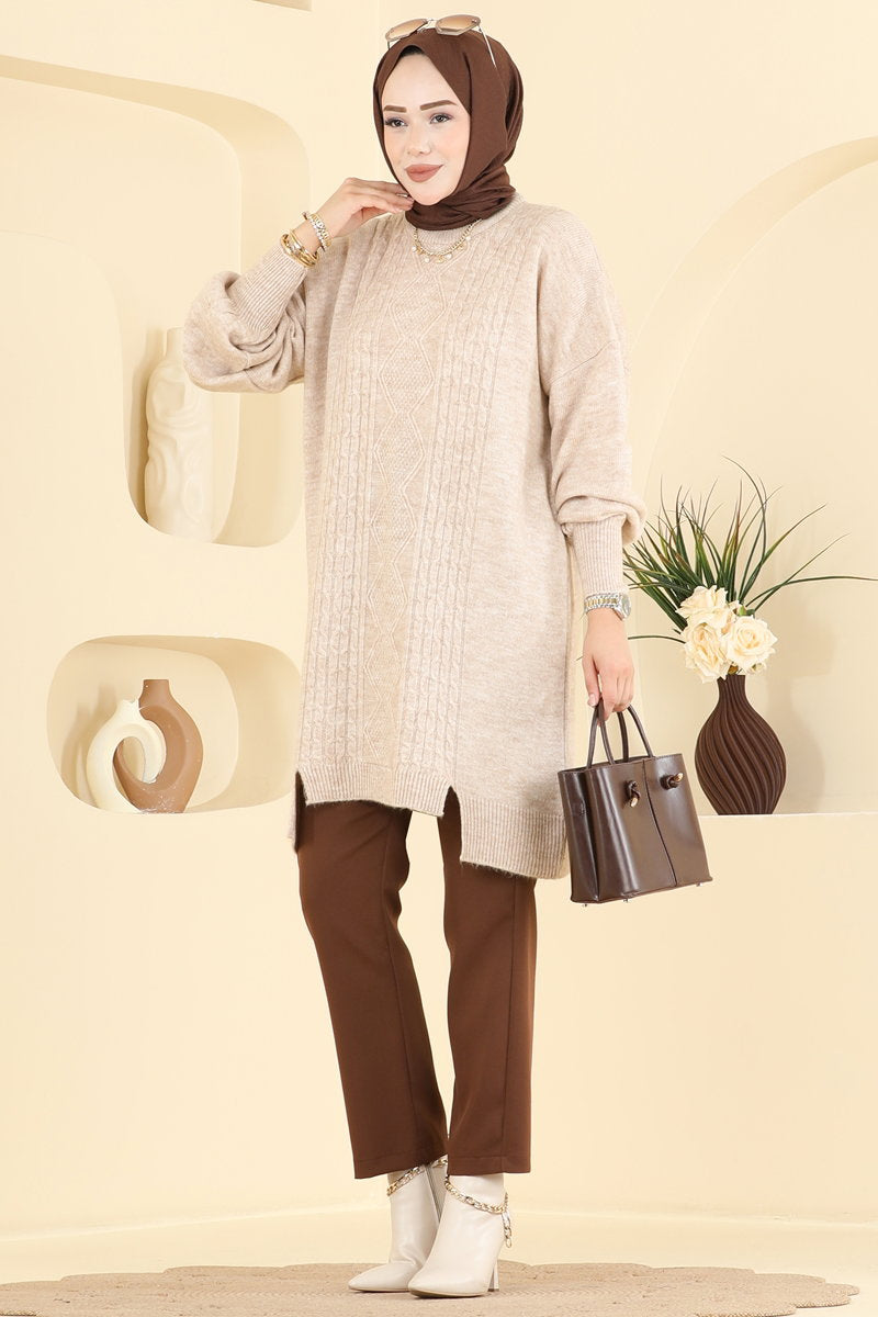 Knit Tunic with Chain-Stitch Detail - Stone