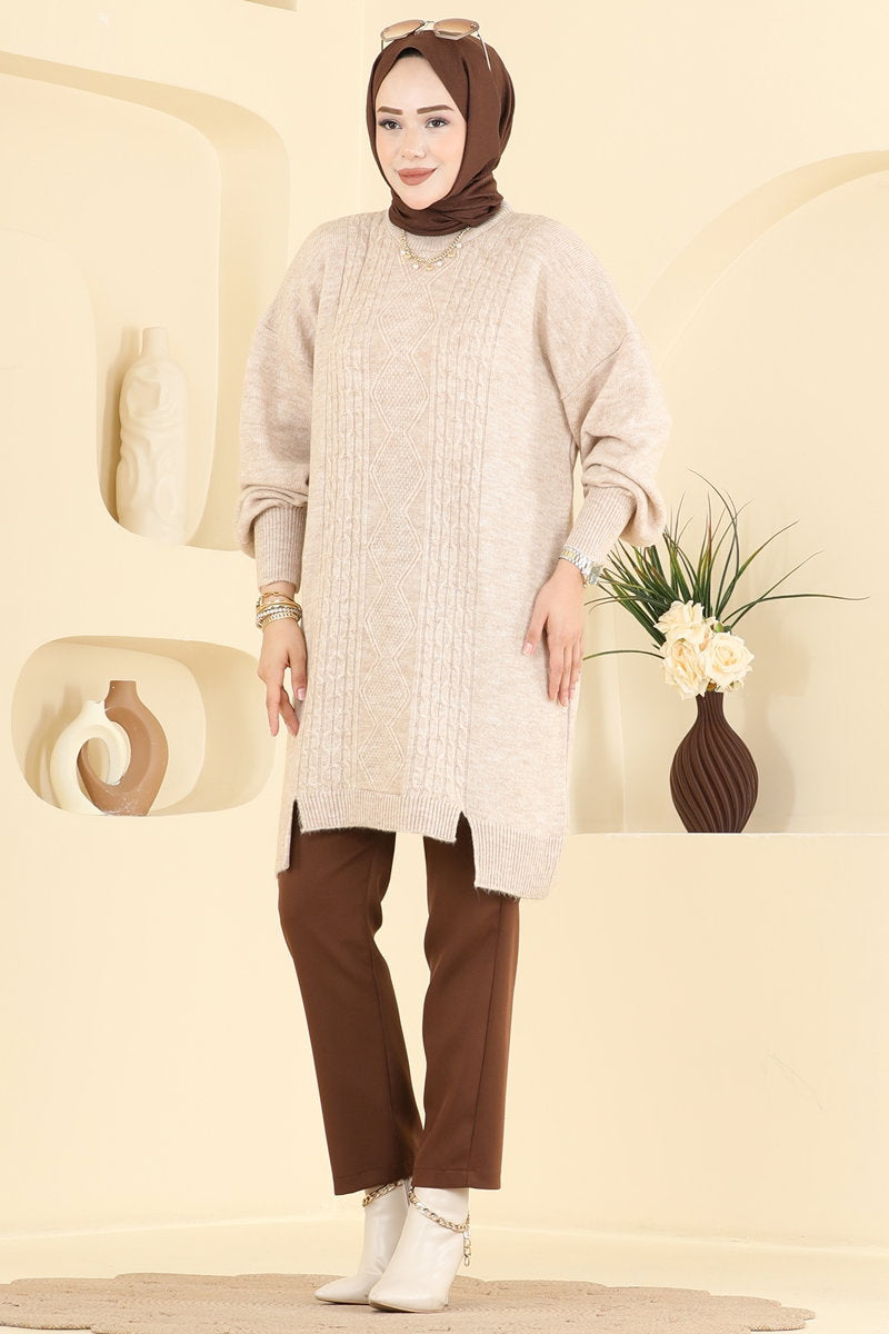 Knit Tunic with Chain-Stitch Detail - Stone