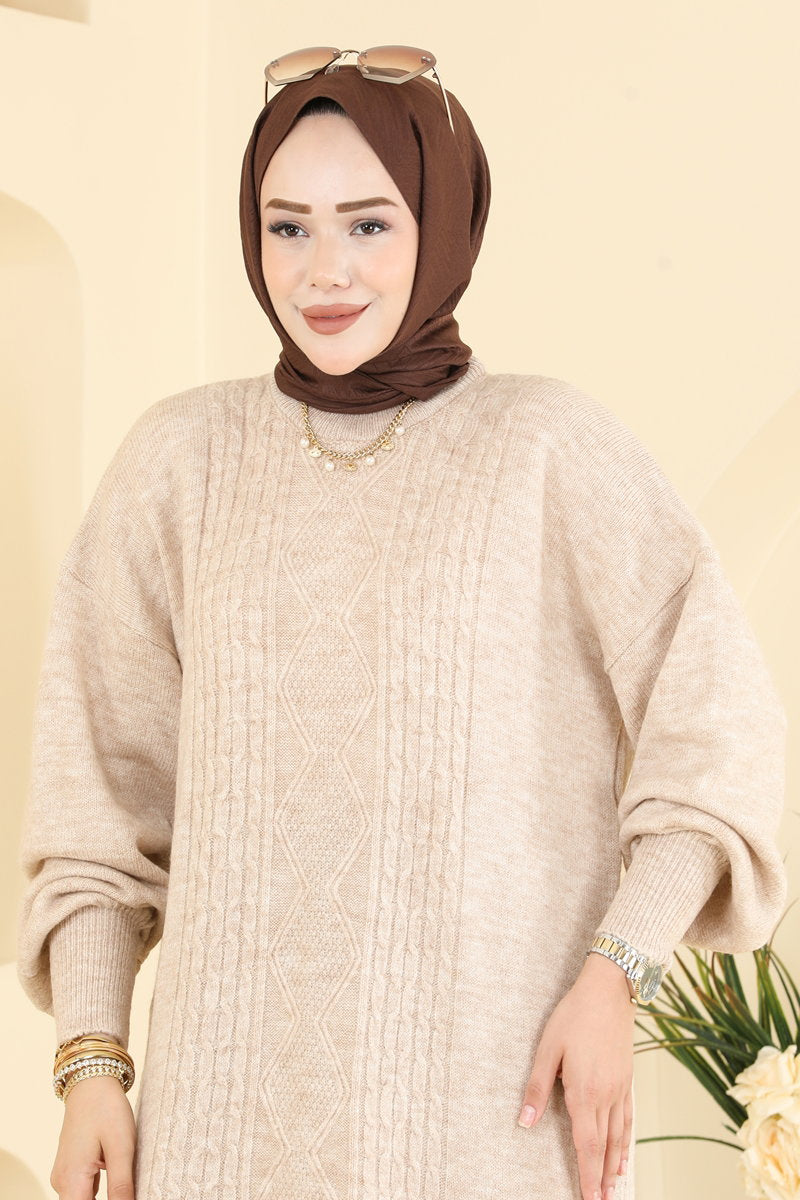 Knit Tunic with Chain-Stitch Detail - Stone