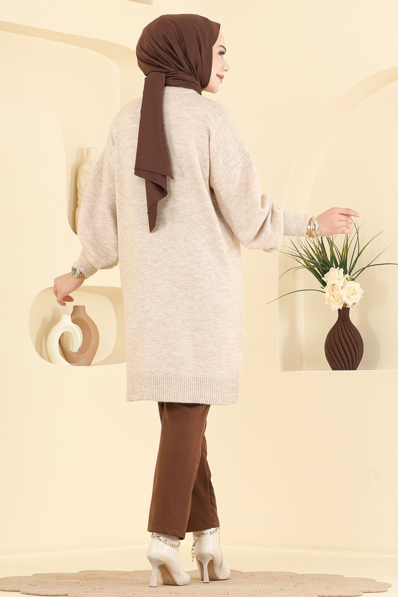 Knit Tunic with Chain-Stitch Detail - Stone